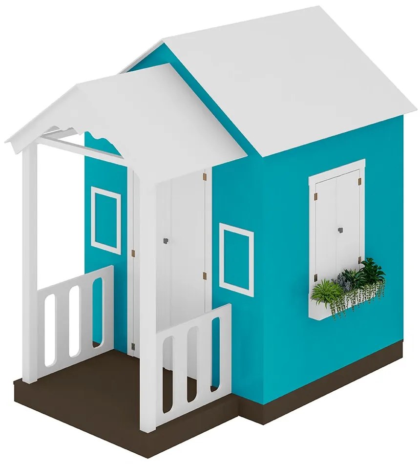 Casinha de Brinquedo MDF com Varanda Artesanal Branco/Azul Turquesa L12 - Gran Belo