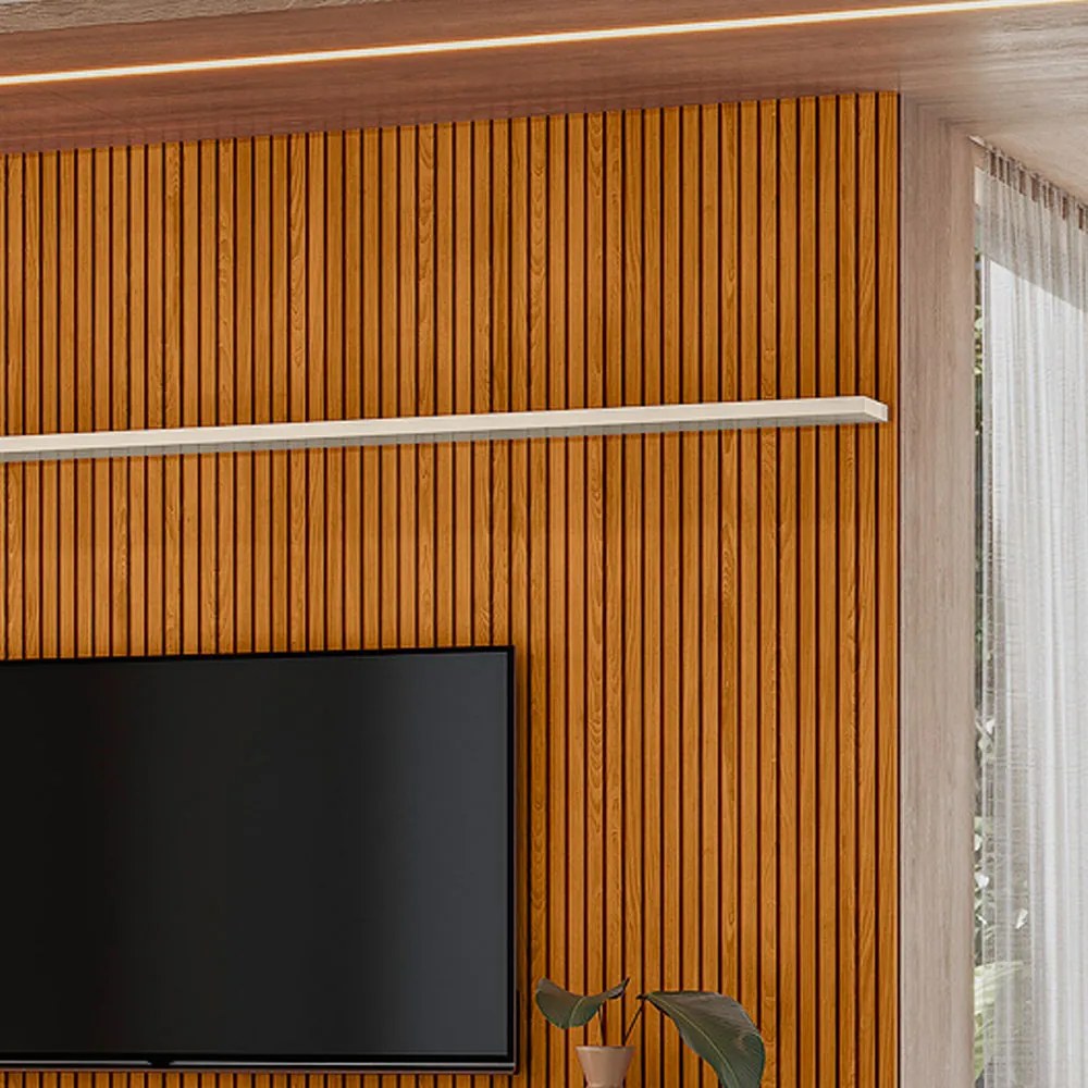 Painel TV 75 Pol 238cm Ripado Kalven com Rack Bancada Enzari M20 - D'Rossi - Cinamomo(fosco)/Off White(brilho)