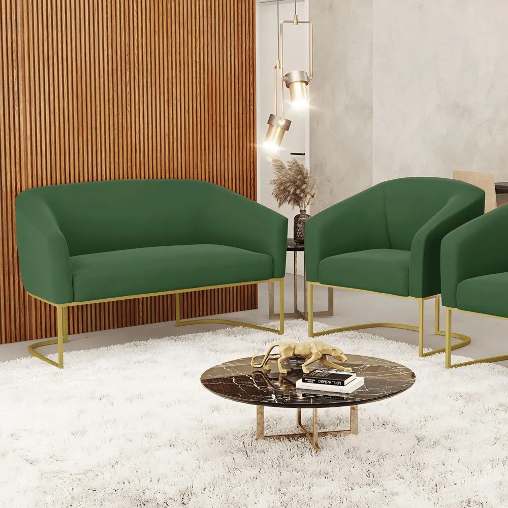 Namoradeira e Poltrona Base Industrial Dourado Stella Suede D03 - D'Rossi - Verde