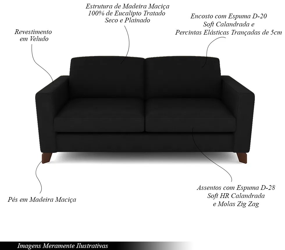 Sofá Sala de Estar Living 3 Lugares 220cm Presley Pés Madeira Veludo Preto G52 - Gran Belo