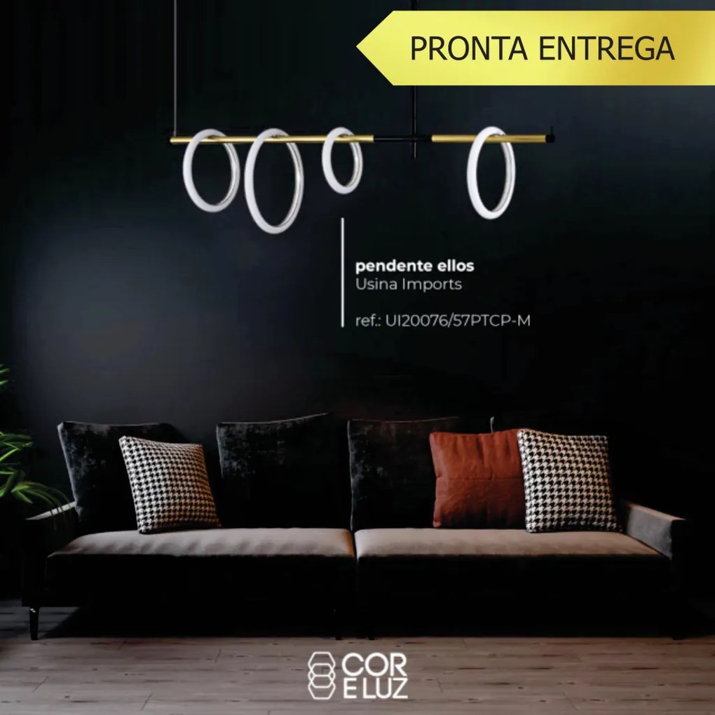 Pendente Ellos Com Haste Fixa 04 Argolas Magnéticas 120X100X30Cm Led 5... (Preto / Champanhe)
