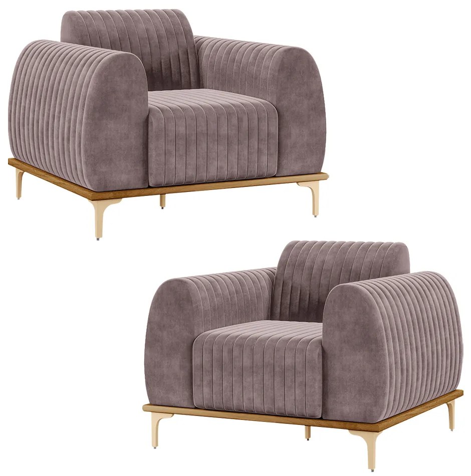 Kit 2 Poltronas Decorativas Sala de Estar Base de Madeira Euro Veludo Rosê G15 - Gran Belo