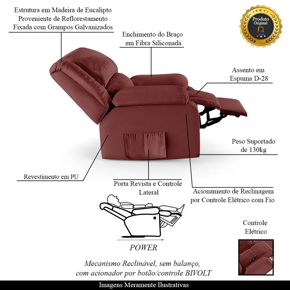 Poltrona do Papai Reclinável Sala de Cinema Madrid Controle Power Elétrico PU Vermelho  G23