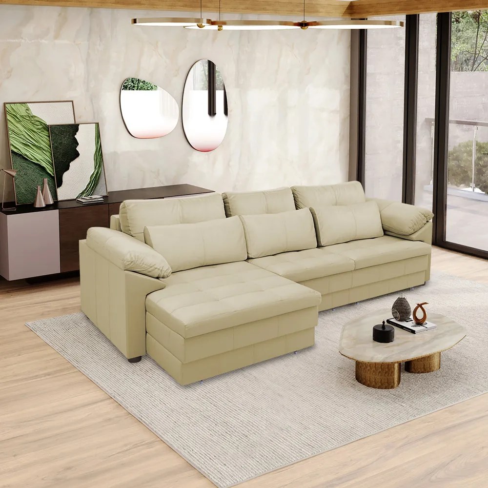 Sofá Retrátil Manual Sala de Estar Nolan Bipartido 332cm Conforto Premium em Couro Bege G58 - Gran Belo