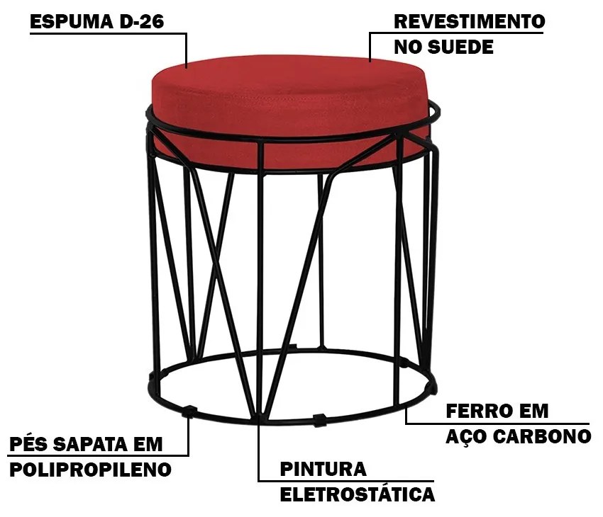 Puff Decorativo Sala de Estar Base Preto Chloe Suede Vermelho G41 - Gran Belo