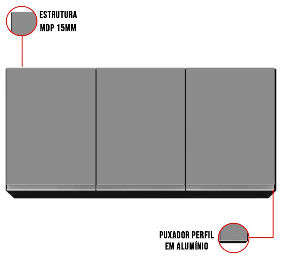Armário Aéreo de Cozinha Lavanderia 03 Portas Tina 120 cm L06 - D'Rossi - Preto e Castanho