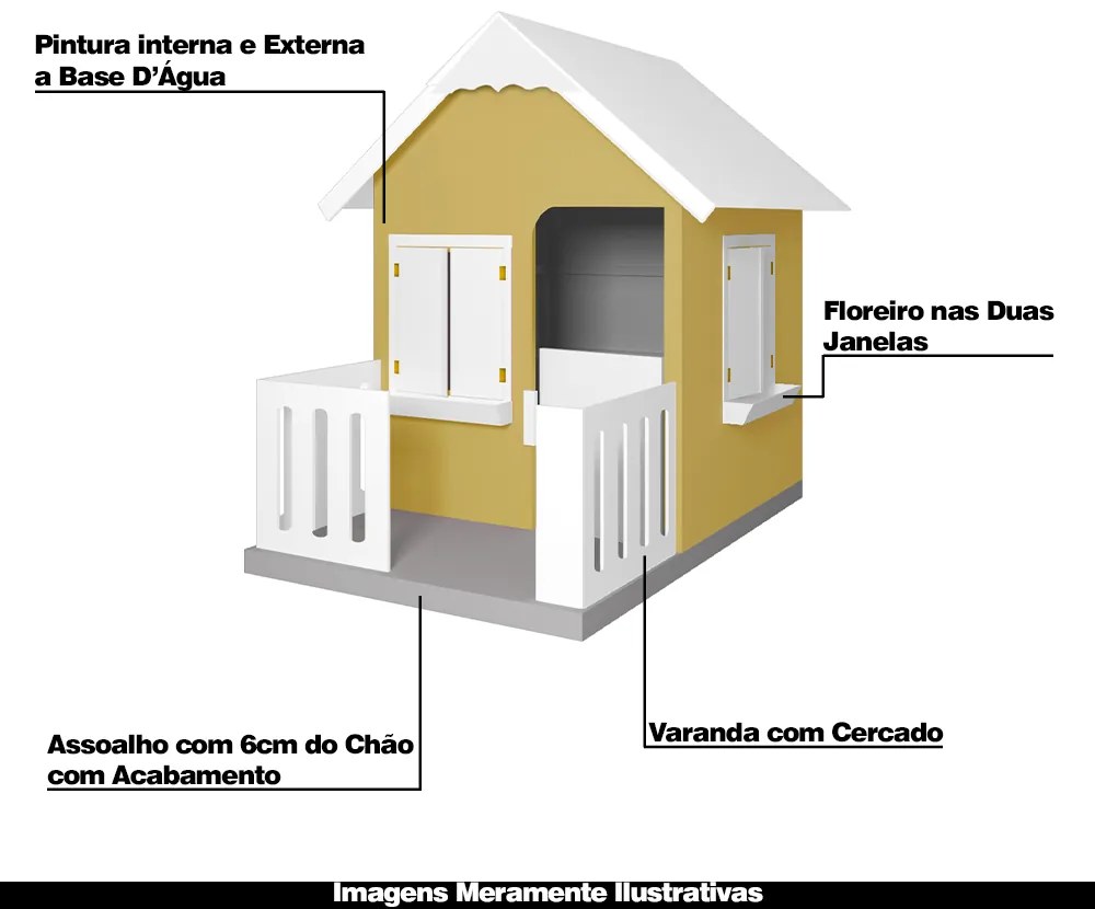 Casinha De Brinquedo Com Cercado Floreiros MDF Amarelo/Branco L12 - Gran Belo