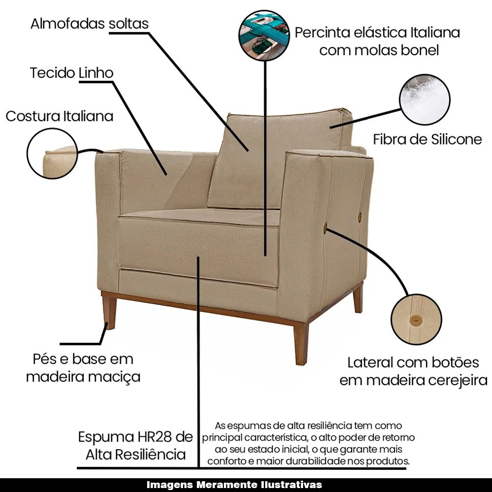 Kit 2 Poltronas Decorativas Pés em Madeira Tarantino Linho Bege G63 - Gran Belo