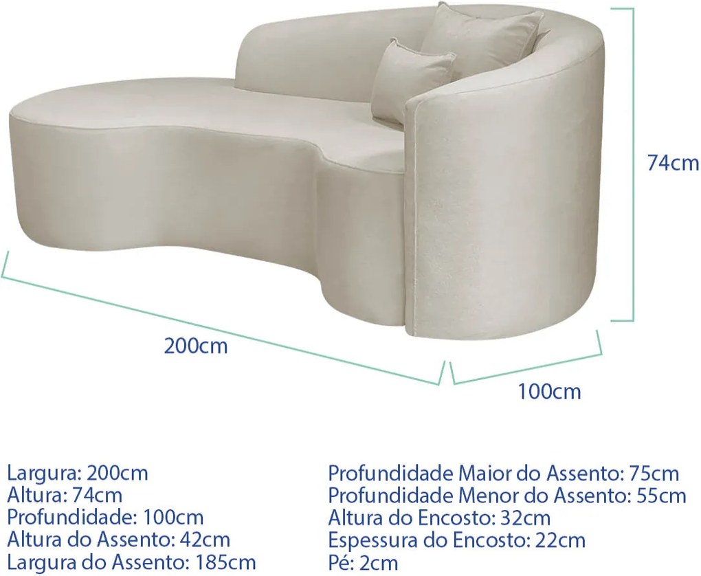 Kit Recamier Curvo Sala de Estar Inglaterra 200cm Lado Esquerdo e 2 Poltronas Orgânica Luxo Amore Linho