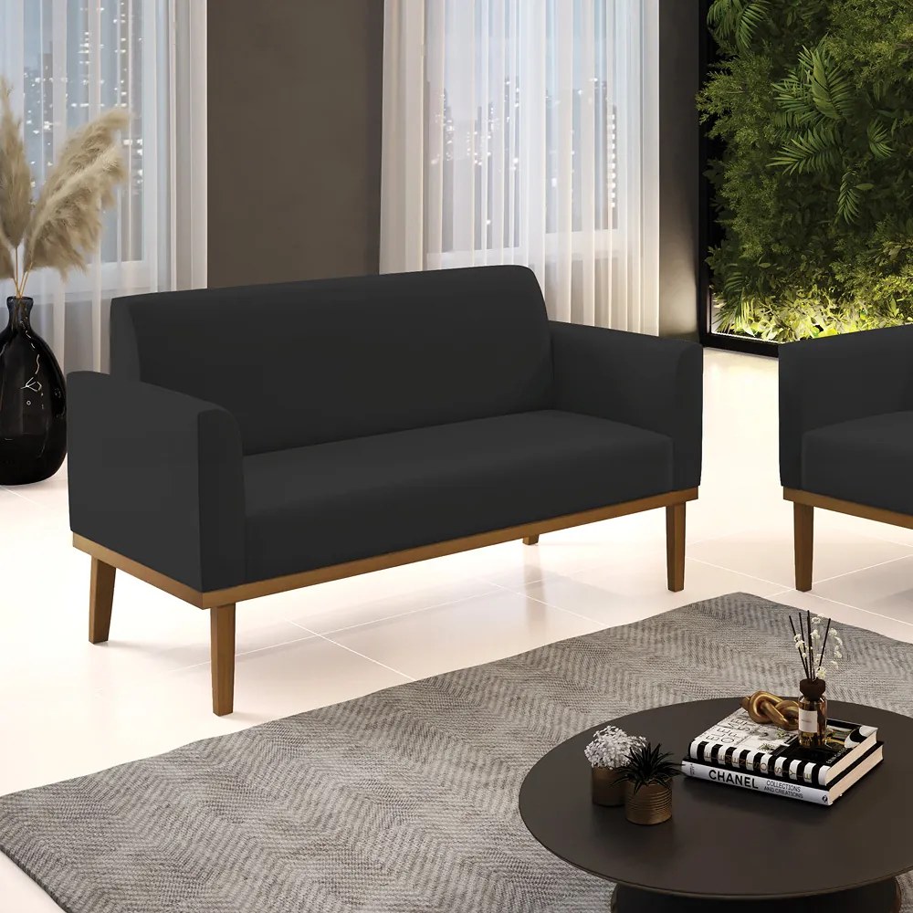 Poltrona Namoradeira Decorativa Isabella Pés Fixo em Madeira Castanho Veludo Preto G19 - Gran Belo