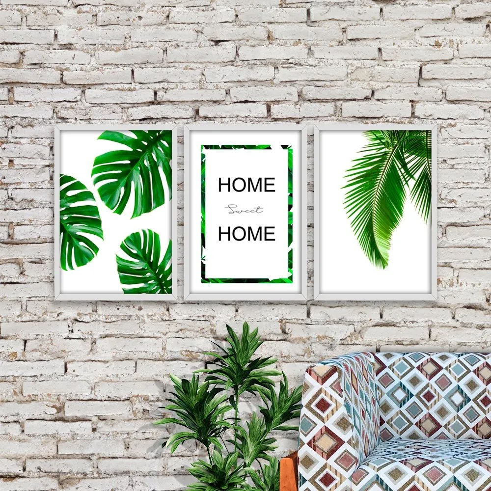 Kit 03 Quadros Decorativos Folhagem Home Sweet Home 43x33 cm - D'Rossi