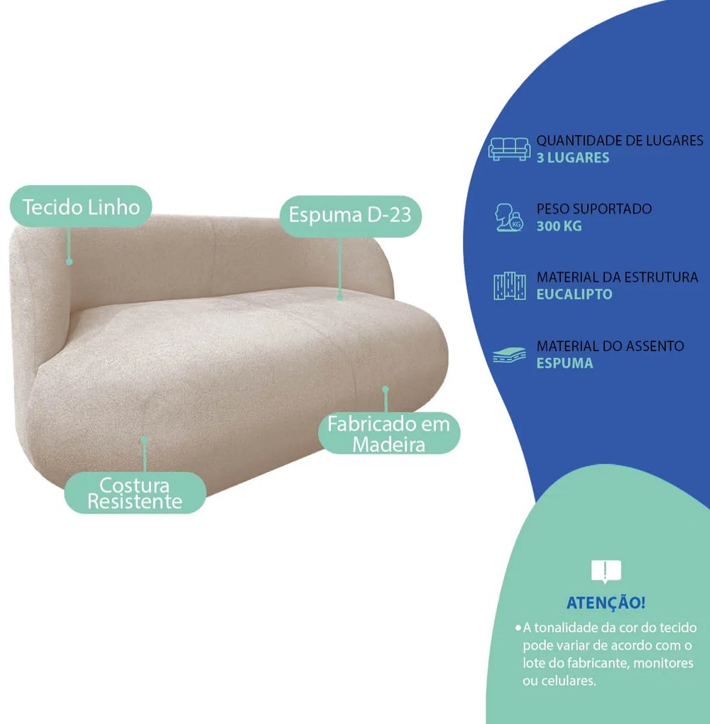 Sofá Nimbus 200cm Orgânico Luxo Sala Recepção 3 Lugares Linho