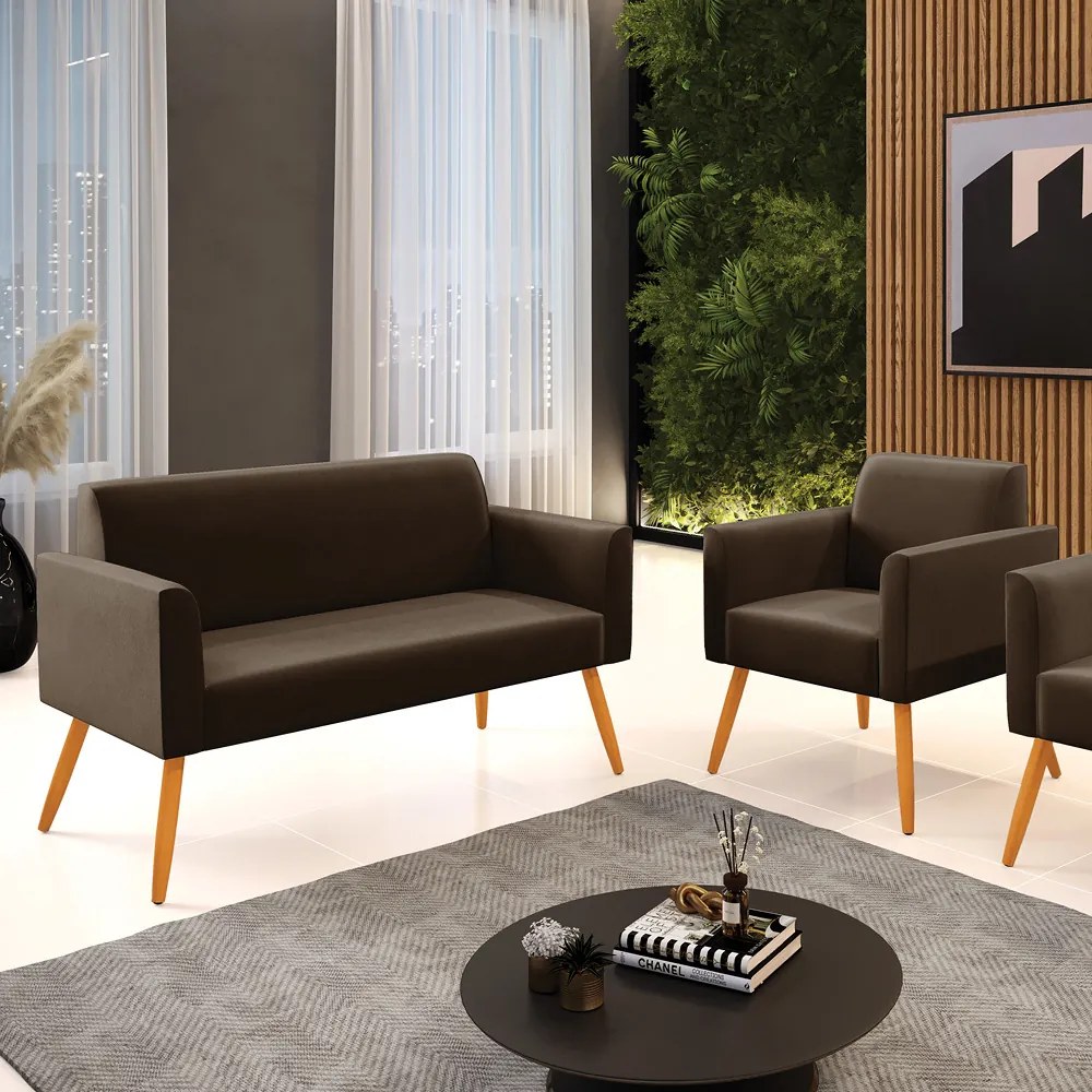 Sofá Namoradeira com Poltrona Pés Palito Castanho Marisa Suede Marrom D03 - DRossi