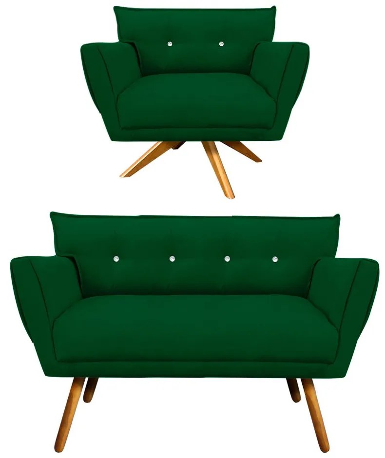 Kit 1 Namoradeira 2 Lugares e 1 Poltrona Giratória Anitta com Strass Suede Pés Palito Castanho - D'Rossi - Verde