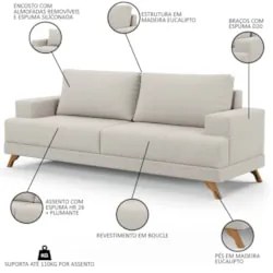 Sofá 3 Lugares 200cm Living Pés Curvos Santi D05 Boucle Creme - Mpozen