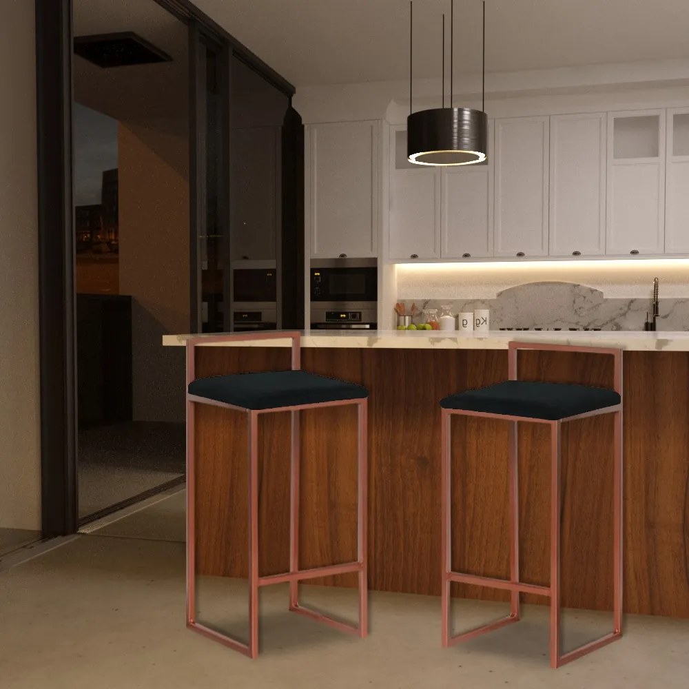 Kit 2 Banquetas Decorativa Jasmine Base Bronze Suede Preto G41 - Gran Belo