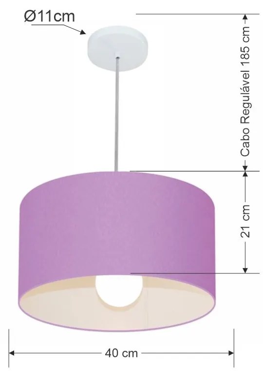 Lustre Pendente Cilíndrico Md-4031 Cúpula em Tecido 40x21cm Lilás - Bivolt