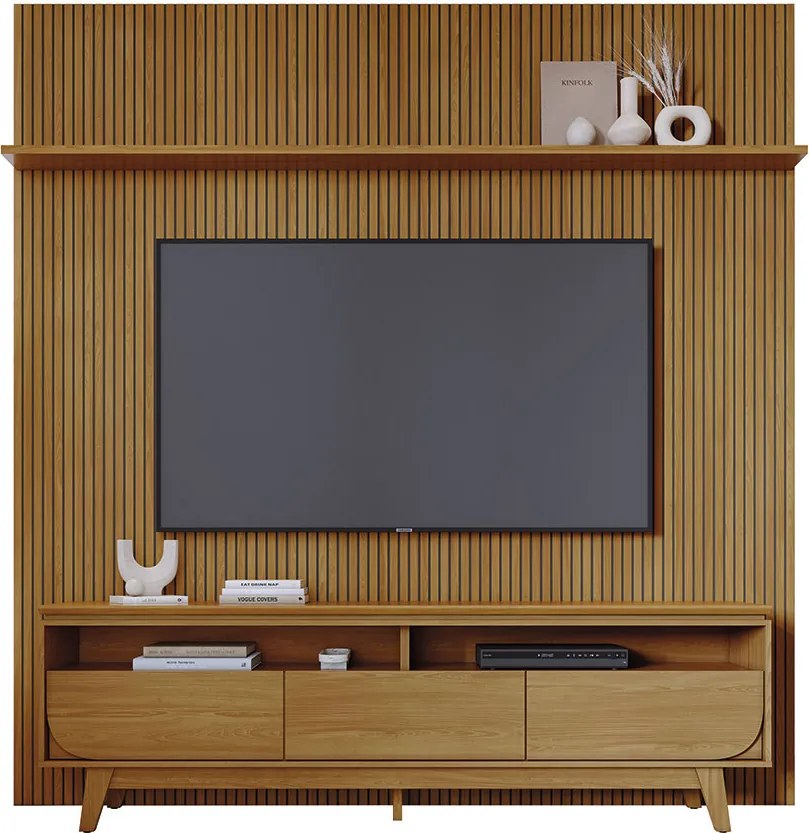 Conjunto Painel com Bancada Andrew 3 Gavetas MDP até 75 Cumaru G97 - Gran Belo