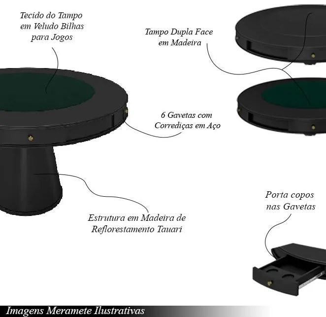 Conjunto Mesa de Jogos Carteado Bellagio Tampo Reversível e 6 Cadeiras Madeira Poker Base Cone PU Grafite/Preto G42 - Gran Belo