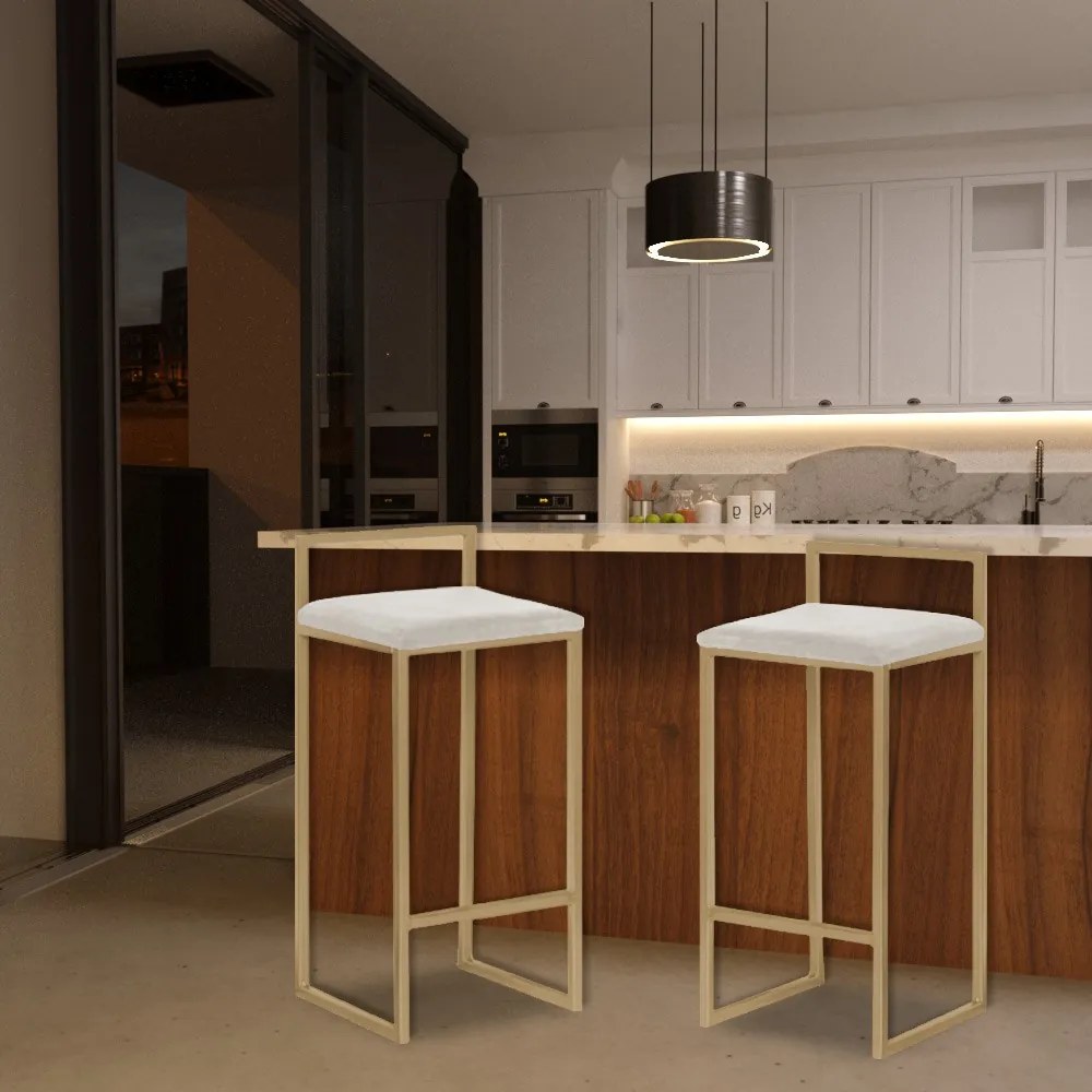 Banqueta Decorativa Selena Base Gold Suede Bege G41 - Gran Belo