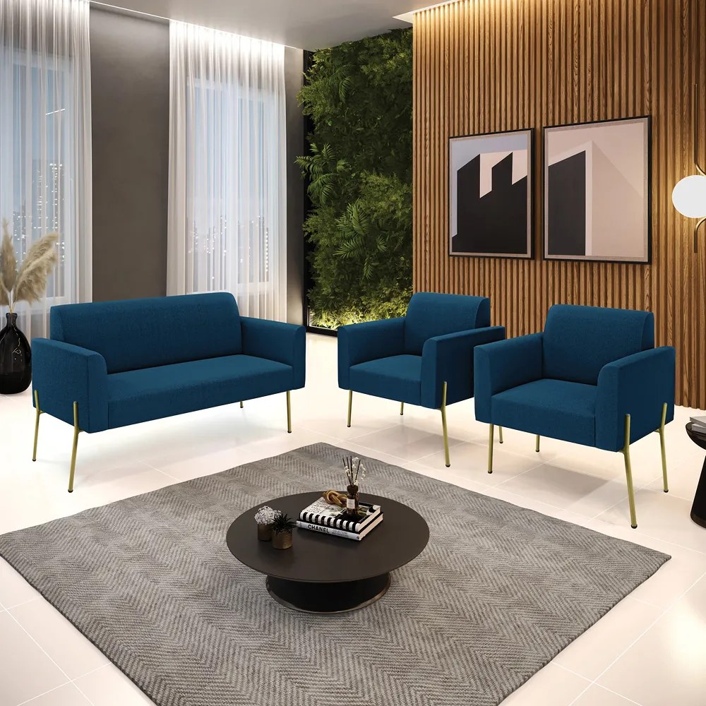 Namoradeira e 2 Poltronas Pé Ferro Dourado Marisa Bouclê Azul D03 - D'Rossi