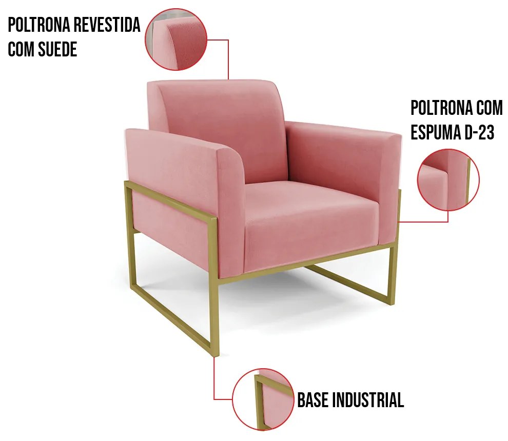 Poltrona Base Industrial Alta Dourado Marisa Suede - Rose