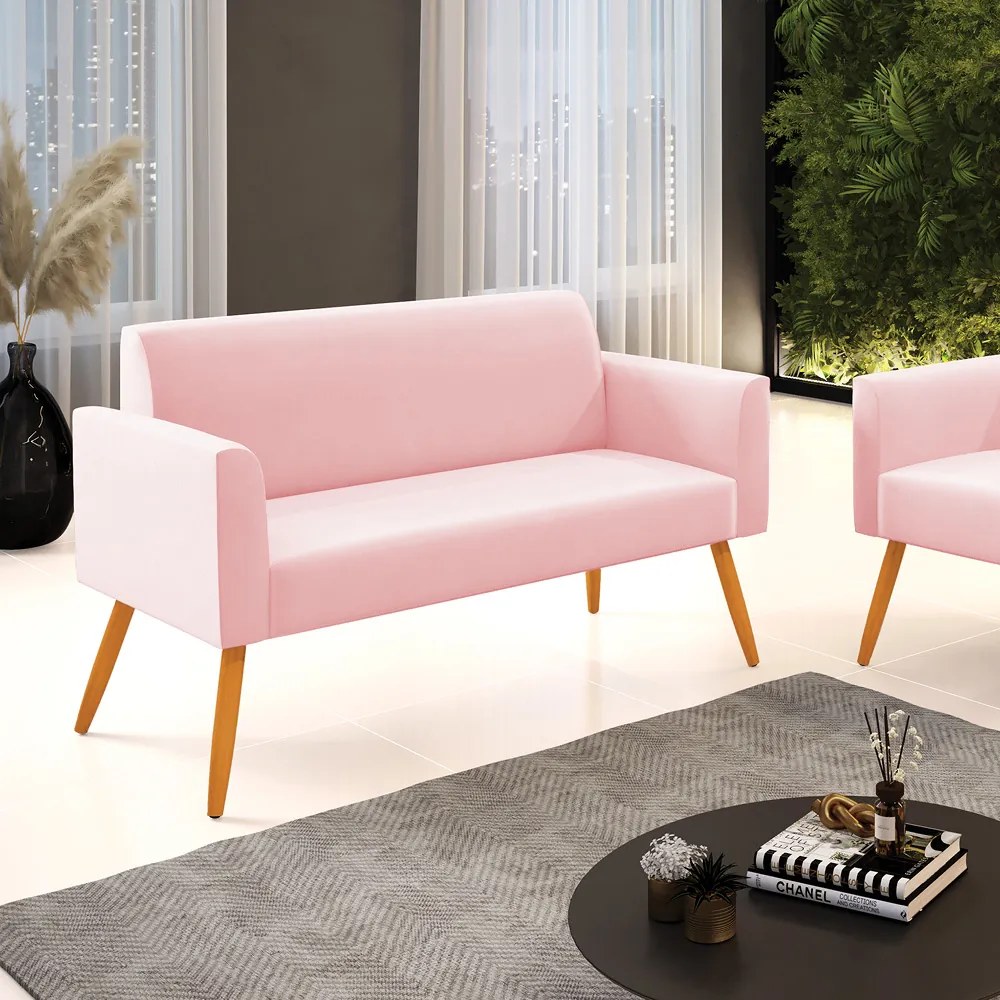Sofá Namoradeira Pés Palito Castanho Marisa Suede Rosa Bebê D03 - D'Rossi