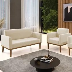 Sofá Namoradeira e 1 Poltrona Base Madeira Castanho Maressa Suede Bege