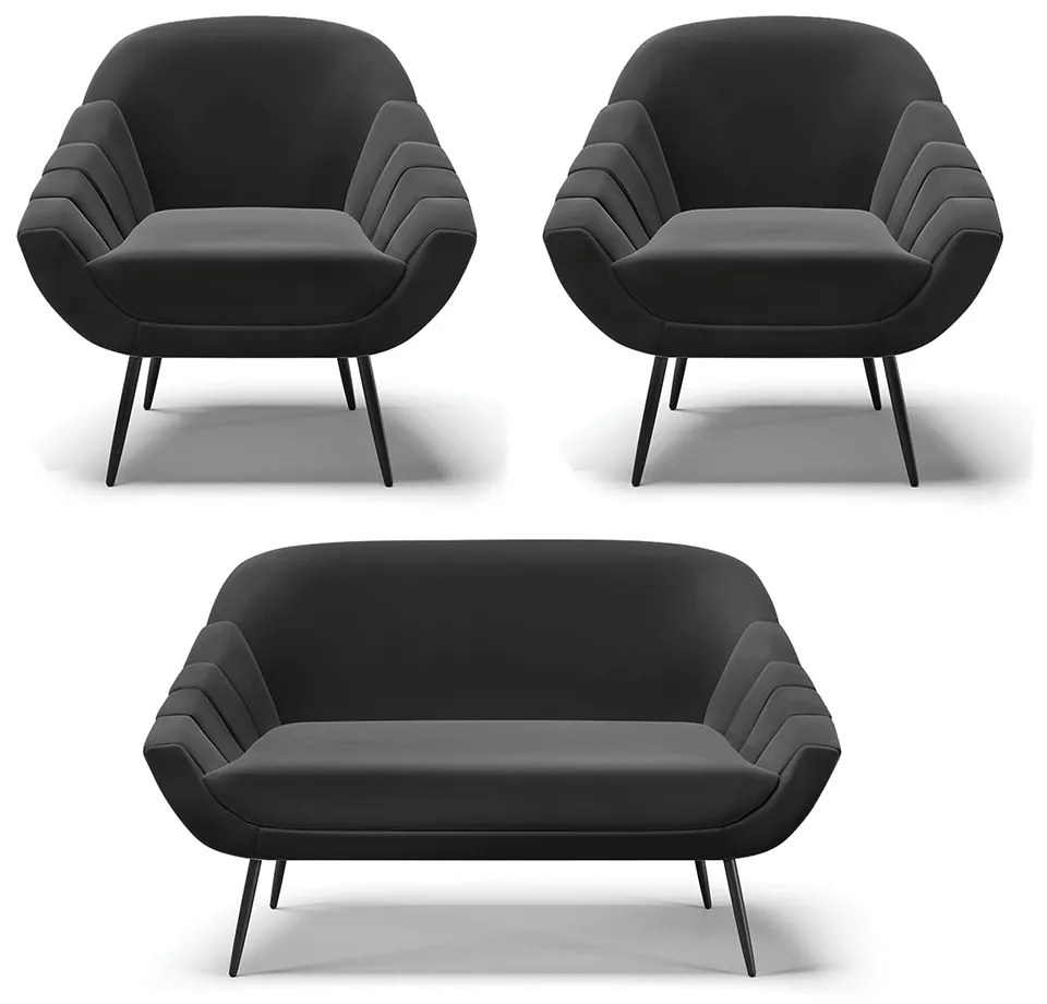 Kit 01 Namoradeira 02 Lugares e 02 Poltronas Giovana Suede Pés Palito De Ferro - D'Rossi - Preto