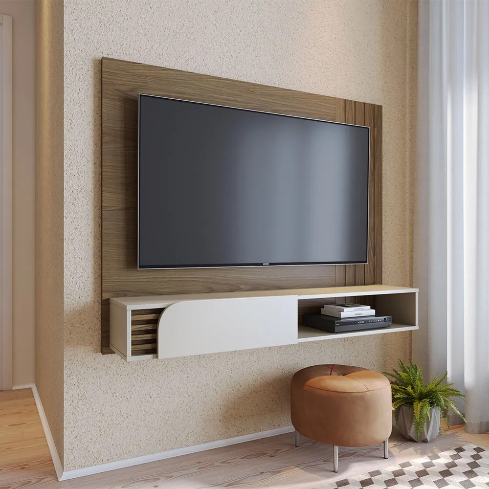 Painel TV 60 Pol 160cm Bancada Suspensa Ripado Hanno C04 - D'Rossi - Amendoa e Off White Matte