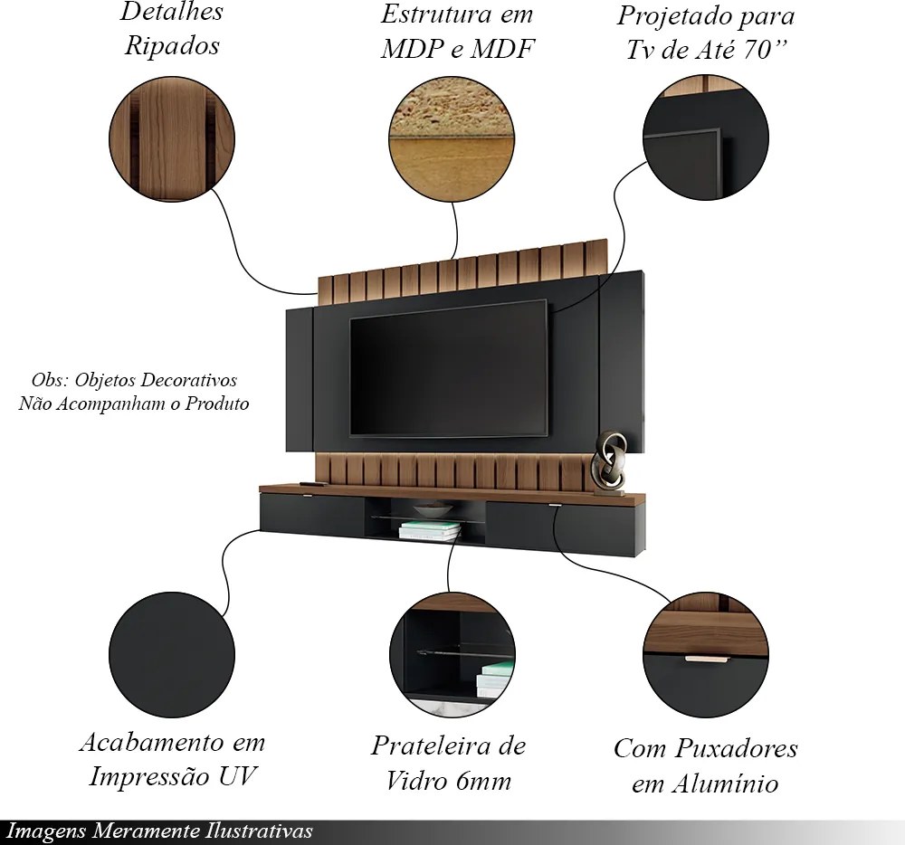 Painel Home Suspenso 2.2 para TV até 70 Polegadas MDP/MDF com Fita LED Illusion Preto/Castanho G26 - HB Móveis