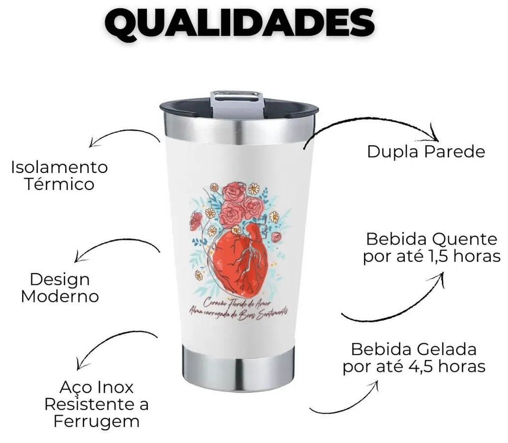 Copo Térmico Coração Florido de Amor Cerveja Café em Inox Com Tampa e Abridor Chopp