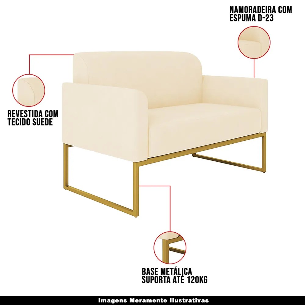 Poltrona Namoradeira Decorativa Isabella Base Industrial Suede Bege/Dourado G19 - Gran Belo