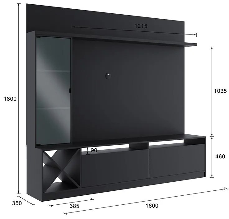 Painel Home Suspenso Sala Para Tv Vidro 7 Prateleiras Preto