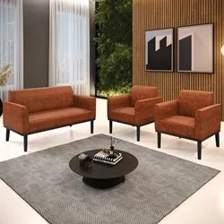Sofá Namoradeira e 2 Poltronas Base Madeira Preto Maressa Sintético PU