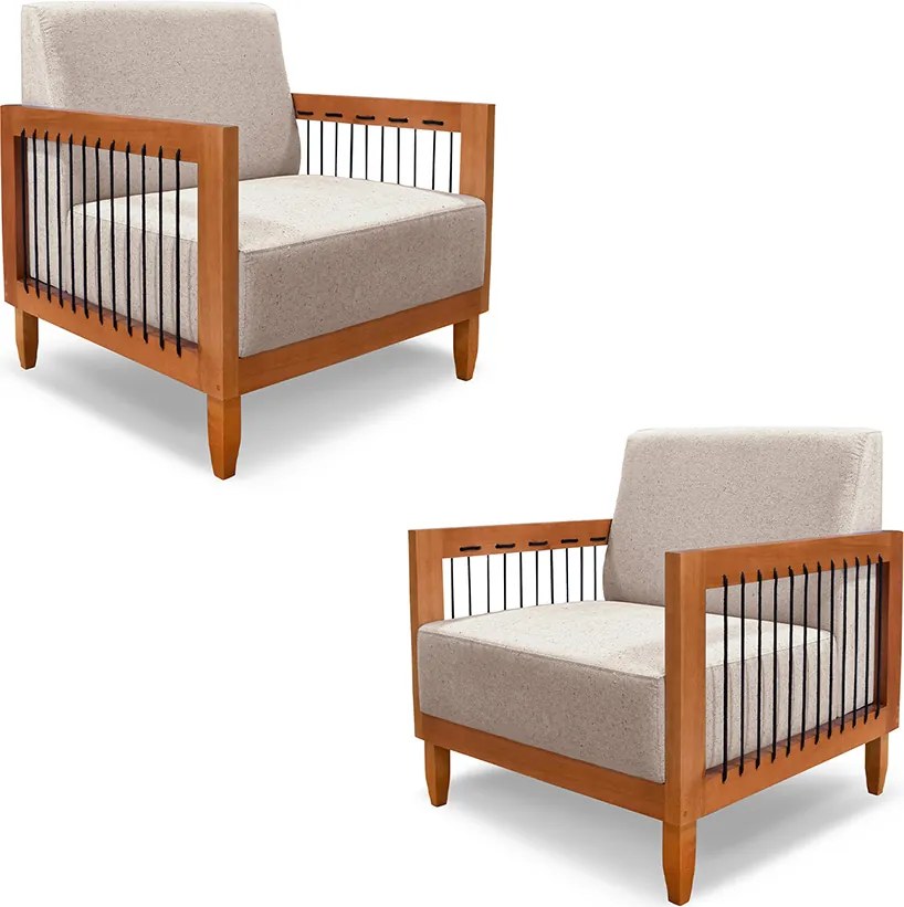 Kit 2 Poltronas Sala de Estar Pés Madeira Maciça Corda Náutica Preta 75cm Manila Linho Areia Rústico G63 - Gran Belo