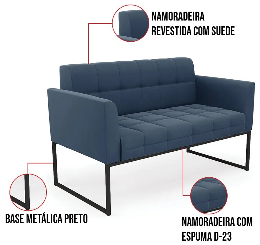 Kit 1 Sofá Namoradeira e 1 Poltrona Elisa Suede Azul Marinho Base Metálica Industrial Preto D03 - D'Rossi