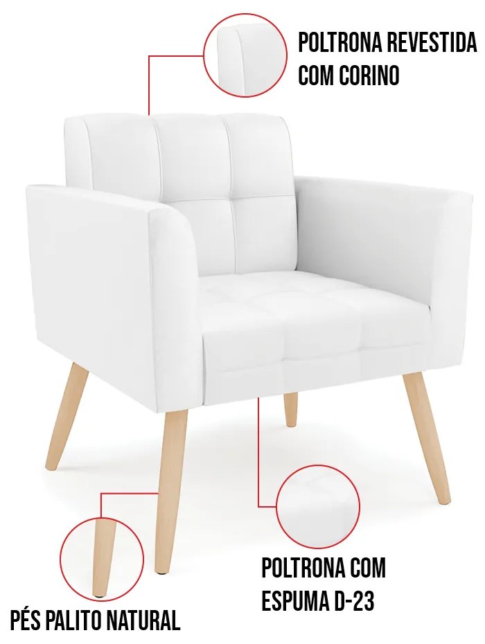 Kit 1 Sofá Namoradeira e 1 Poltrona Elisa Corino Pés Palito Natural D03 - D'Rossi - Branco