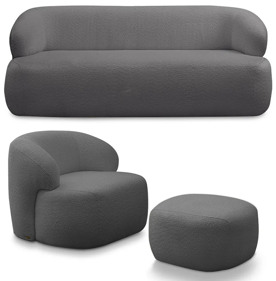 Conjunto Sala de Estar Decorativo Charlote 1 Sofá 180cm 2 Lugares 1 Poltrona Base Fixa com Puff Bouclê Grafite G88 - Gran Belo