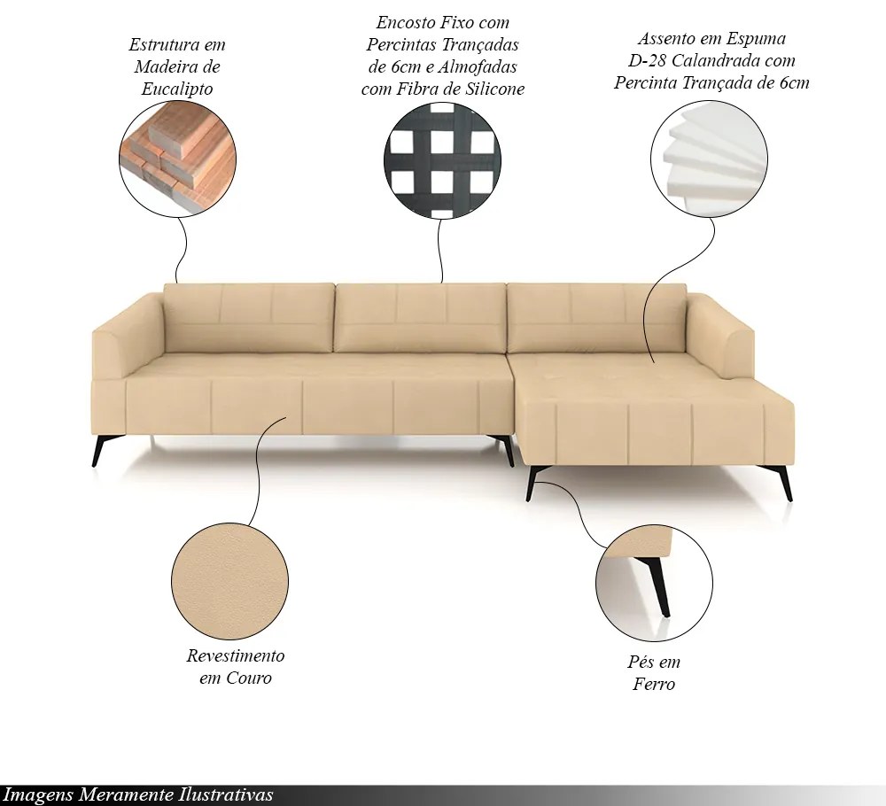 Sofá Bipartido Sala de Estar Kiara 312cm Chaise Direito Pés de Ferro Couro Bege G52 - Gran Belo