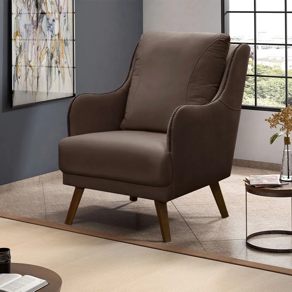 Kit 2 Poltronas Decorativas Catar com Tachas Suede Marrom G33 - Gran Belo