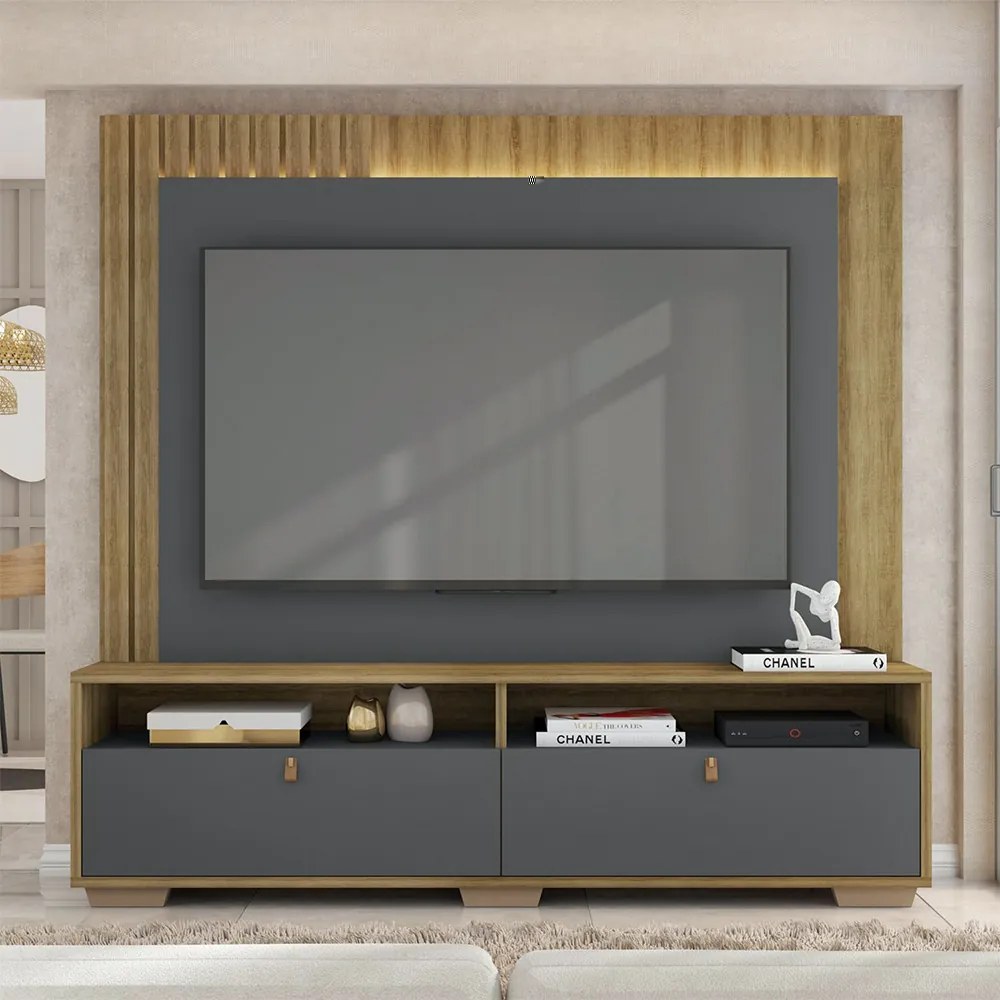 Estante Home Theater 200cm Detalhe Ripado até 70 Puxadores PU Fita LED Blida Lamina Mel/Grafite G11 - Gran Belo