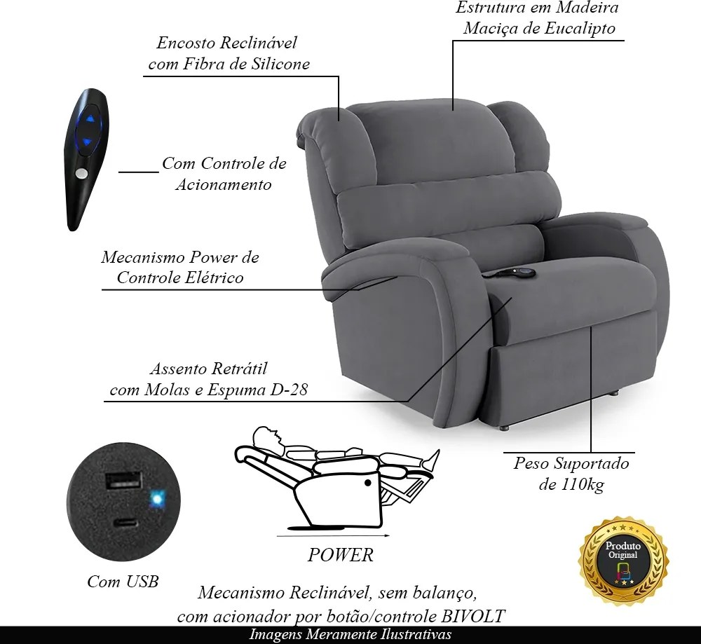 Poltrona do Papai Sala de Cinema Reclinável Kylie Controle Power Elétrico USB Veludo Cinza Grafite G23