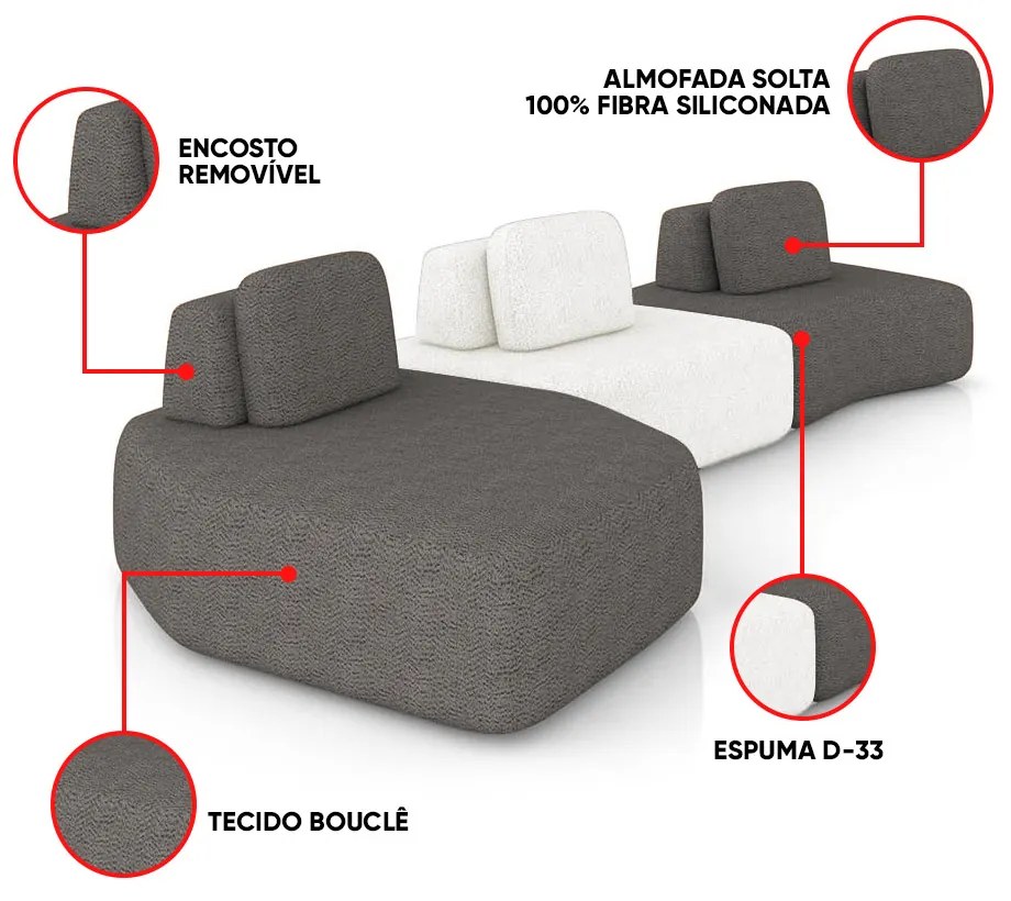 Sofá 3 Lugares Orgânico com Chaise e 2 Módulos Berlim Bouclê Gf K01 - D'Rossi - Grafite/Off White