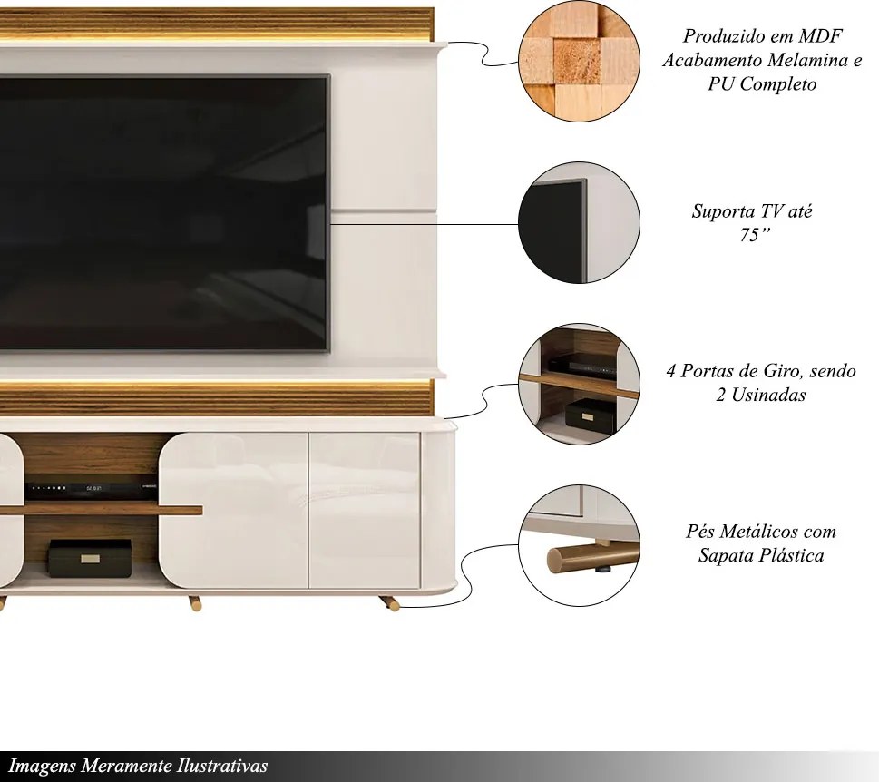 Home Estante TV 75" Ahri Ripado Canelado 4 Portas com Amortecimento OffWhite/Freijó G18 - Gran Belo