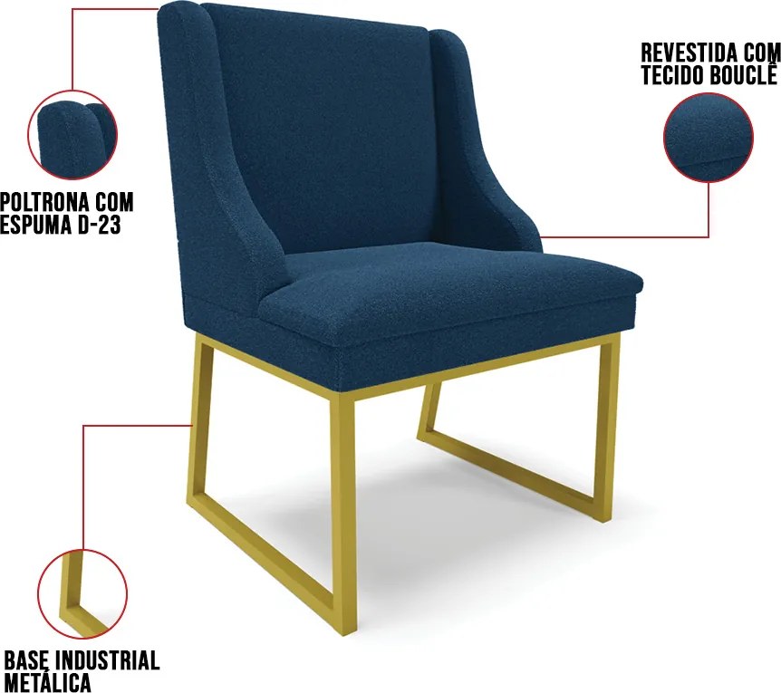 Cadeira Sala de Jantar Industrial Dourado kit 2 Liz Bouclê D03 - D'Rossi - Azul