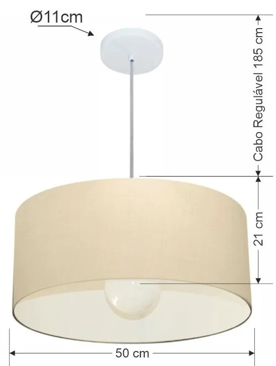 Lustre Pendente Cilíndrico 4052 Cúpula em Tecido 50x21cm Algodão Crú - Bivolt