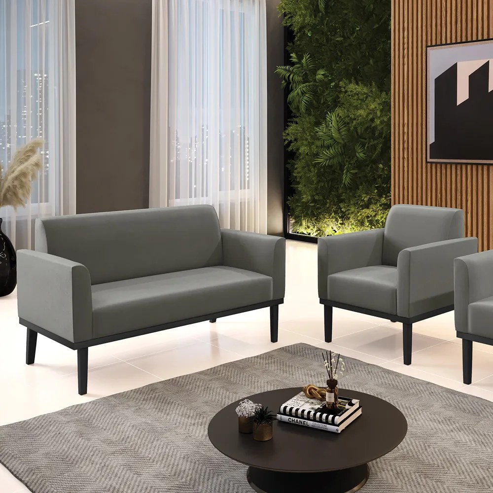 Sofá Namoradeira com Poltrona Base de Madeira Fixa Preto Marisa Suede  D03 - DRossi - Grafite