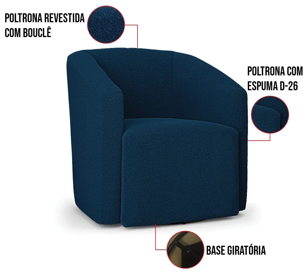 Poltrona Sala de Estar Base Giratória Stella Max Bouclê D03 - D'Rossi - Azul
