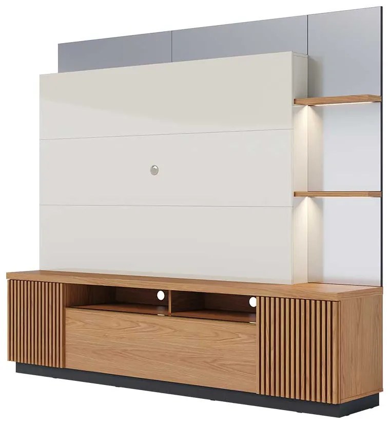 Estante Home Ripado 210cm com Espelho Melbourne Led Off White/Freijó G73 - Gran Belo
